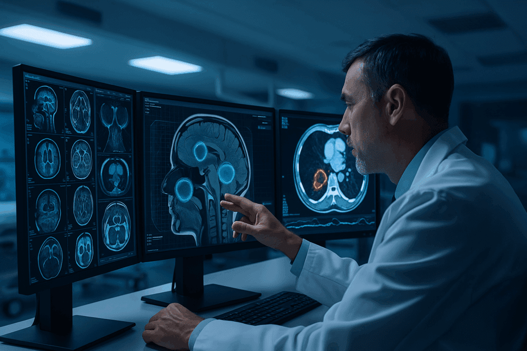 Radiologist analyzing MRI and CT scans using AI-enhanced diagnostic tools in a high-tech hospital, showcasing ai trends in healthcare