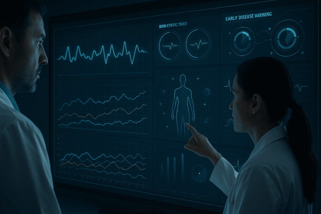 Doctors analyzing real-time biometric data on a futuristic dashboard, showcasing ai trends in healthcare with predictive analytics and disease risk graphs.