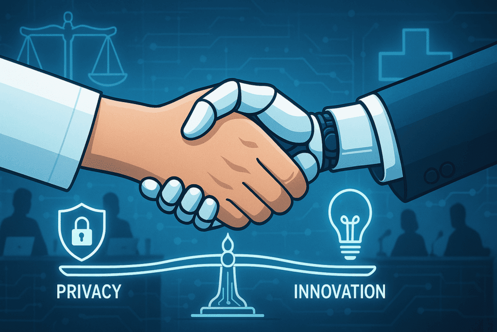 Human and robotic hands shaking over a digital scale balancing privacy and innovation, symbolizing ai trends in healthcare at a futuristic legal conference.
