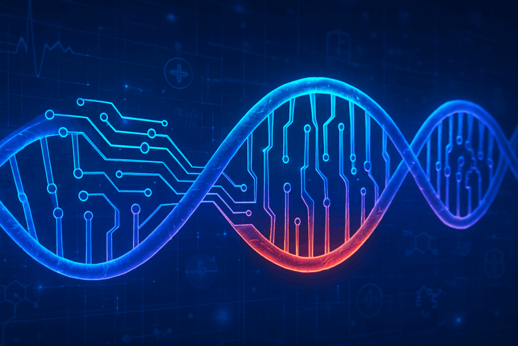 Futuristic DNA double helix intertwined with AI circuit patterns, symbolizing the future of AI in genomics and medical research.