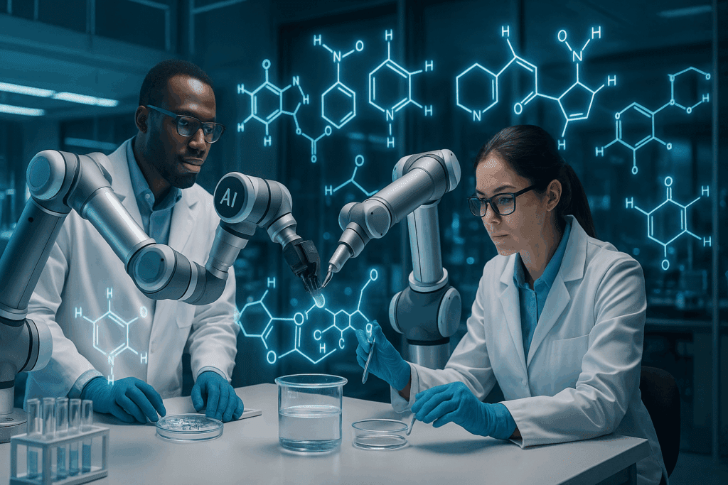 Scientists using AI-powered robotic arms to analyze molecular structures in a futuristic pharmaceutical lab, showcasing the future of AI.