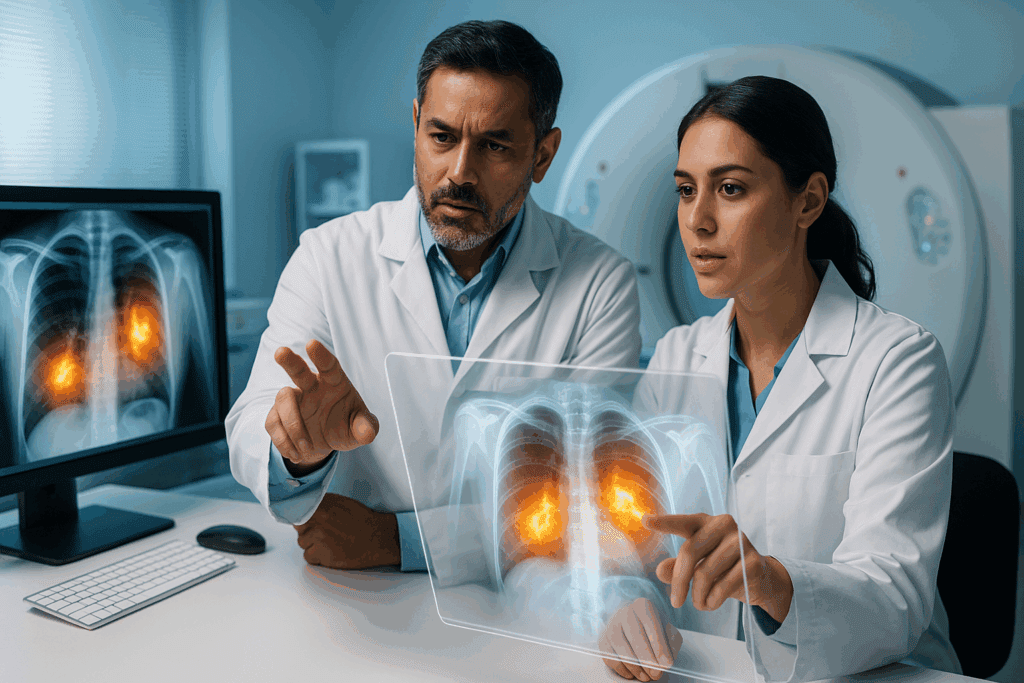 Doctors analyzing patient X-ray scans with AI technology on a transparent screen in a hospital diagnostic room, showcasing the future of AI in healthcare.