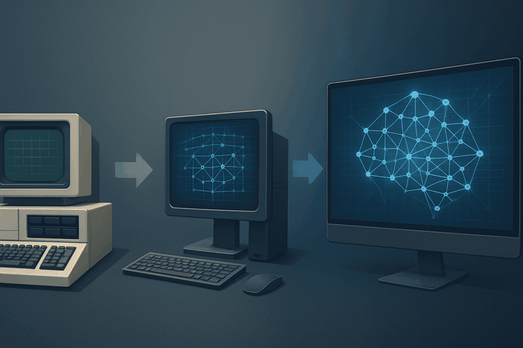 Visual timeline illustrating the future of AI, showing the evolution from 1970s expert systems on vintage computers to modern deep learning neural networks on sleek monitors