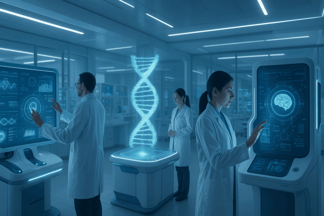 Researchers in a futuristic medical lab using holographic genome models and AI-driven diagnostic machines, illustrating the future of AI in biotechnology