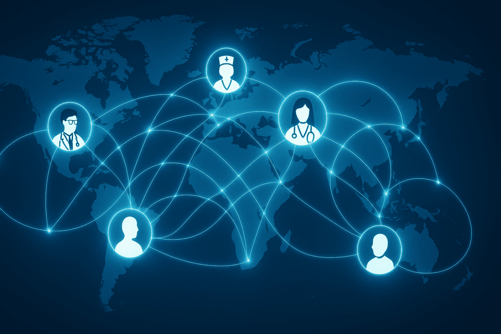 Global digital map illustrating glowing connections among researchers, healthcare workers, and patients, symbolizing equitable access to medical knowledge through artificial intelligence in healthcare research paper pdfs