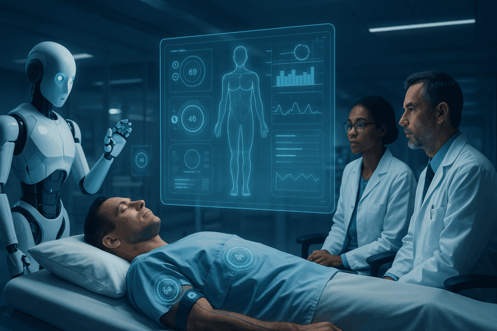 AI robot assisting doctors in a futuristic clinical trial with holographic patient data and biometric sensors, illustrating artificial intelligence in healthcare research paper pdfs