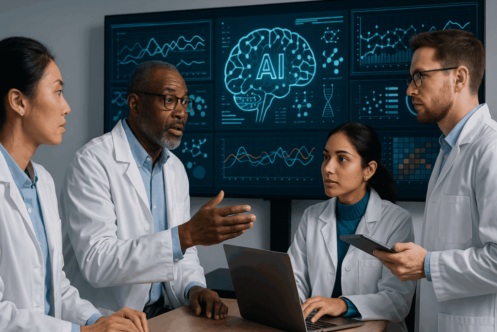 Diverse scientists using AI dashboards to analyze data and uncover patterns for an artificial intelligence in healthcare research paper pdfs project.