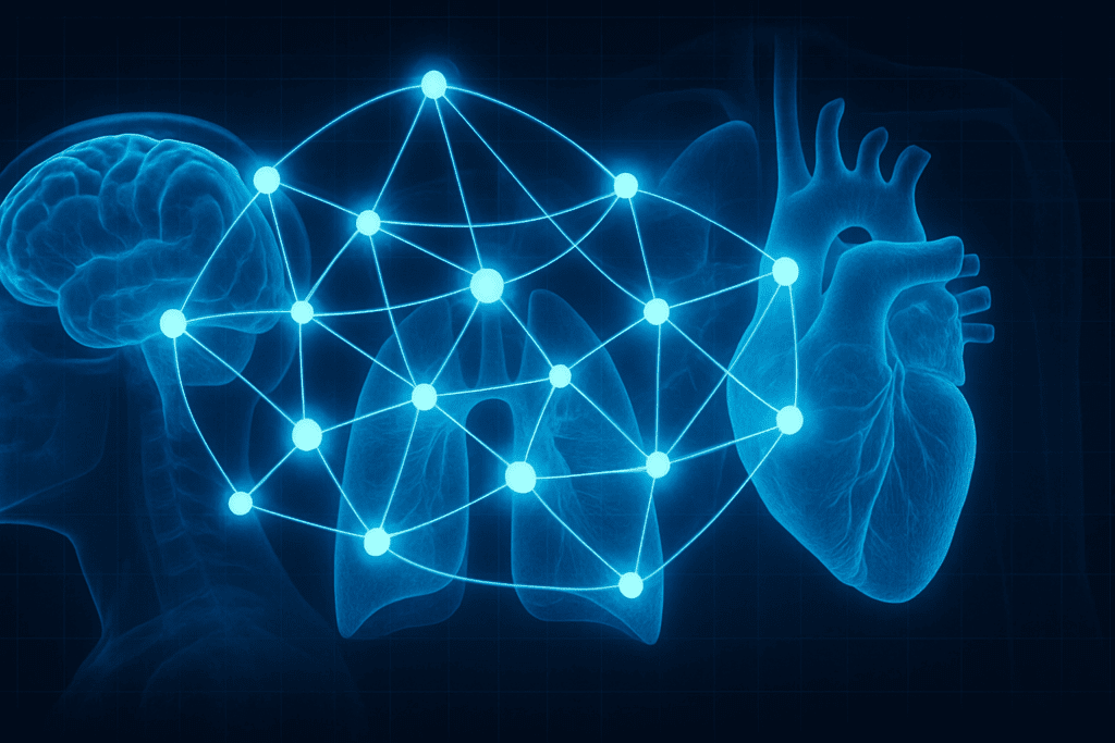Artificial intelligence in healthcare research paper pdfs concept showing neural networks analyzing human brain, lungs, and heart scans.