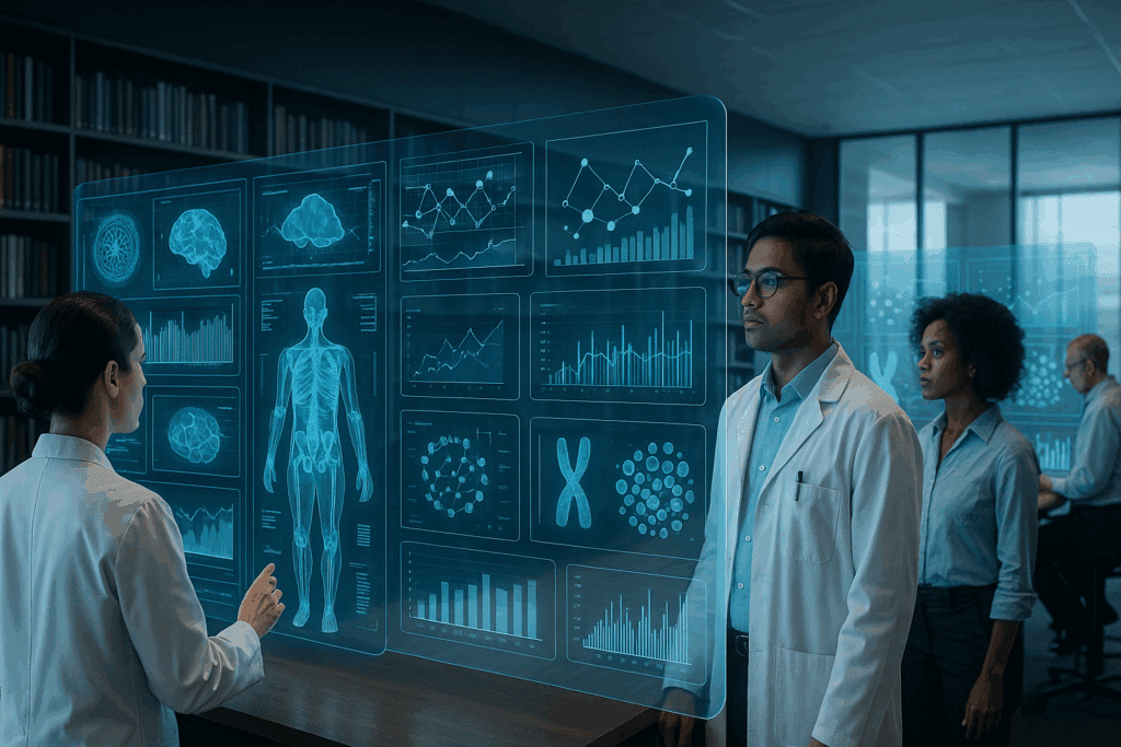 Researchers in a futuristic digital library interact with holographic medical data displays, illustrating artificial intelligence in healthcare research paper pdfs.