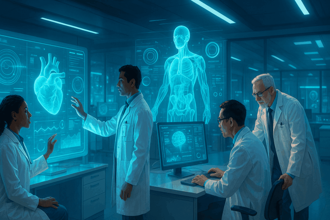 Doctors collaborating with AI-powered holographic data in a futuristic lab, visualizing concepts for artificial intelligence in healthcare research paper pdfs.