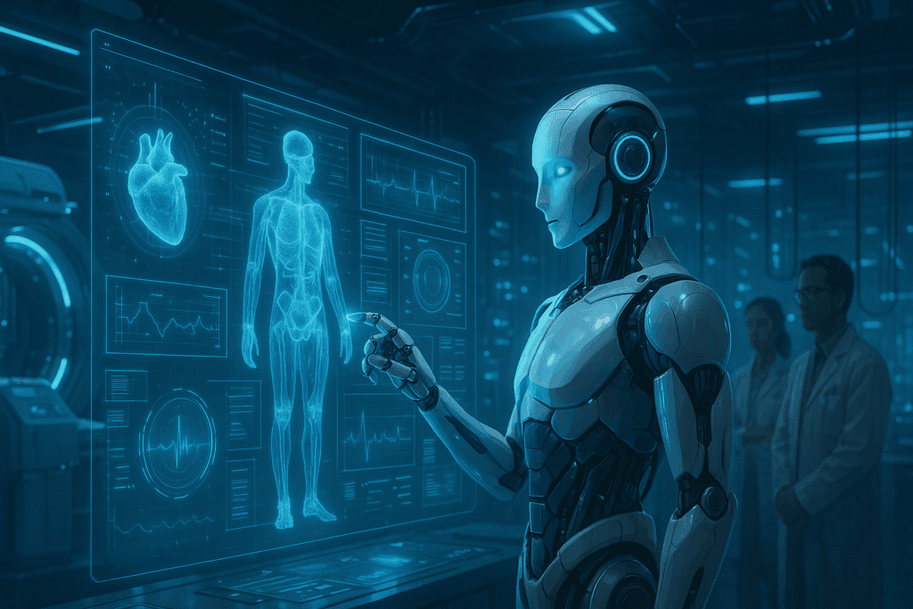 Computer AI robot customizing a 3D-printed human heart using holographic genetic data in a futuristic hospital setting.