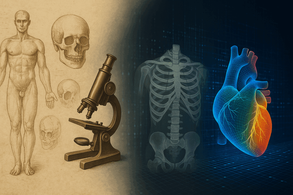 Computer AI robot with biomimetic features performing nanoscopic surgery on a glowing cell in a futuristic cityscape with quantum computing symbols.