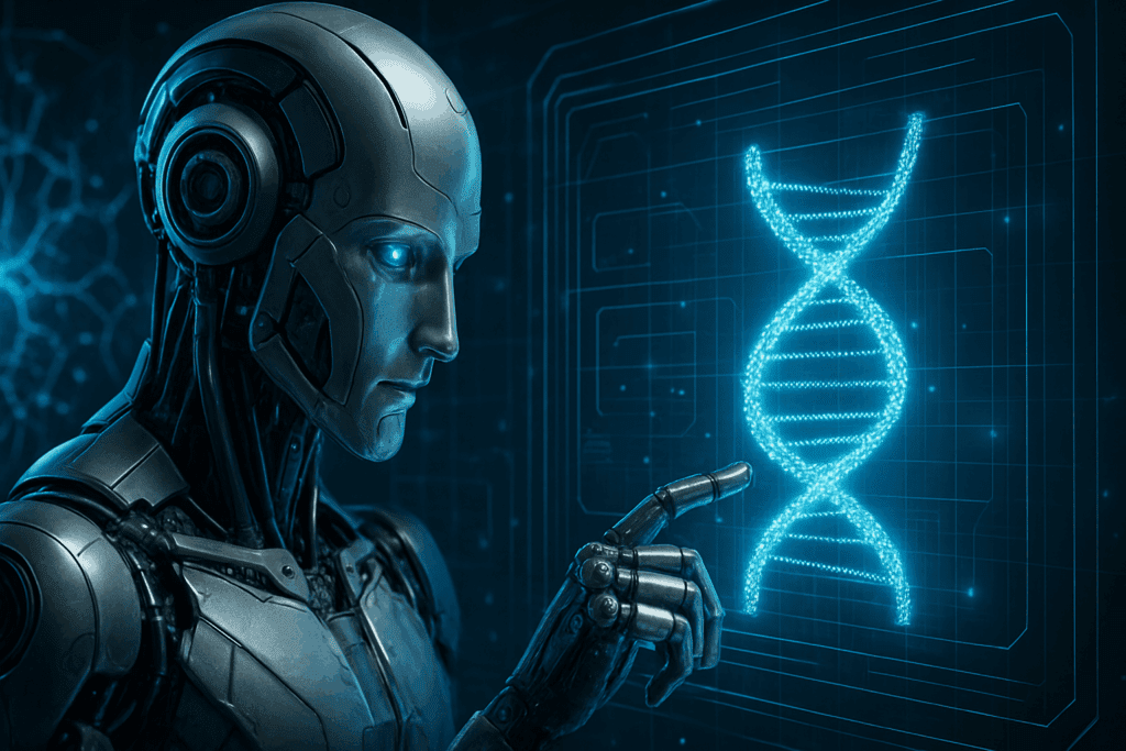 Computer AI robot monitoring diverse patients with biometric sensors and managing trial data on futuristic holographic displays.