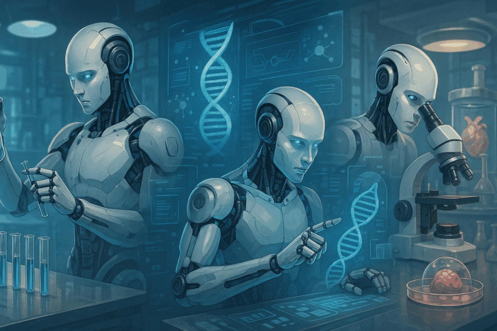 Computer AI robot working in futuristic biotechnology labs, seamlessly conducting drug discovery, genomic sequencing, and regenerative medicine research.