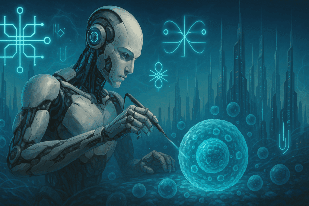 Timeline artwork showing evolution from Renaissance anatomy sketches to digital heart simulation, symbolizing advances in computer AI robot technology.