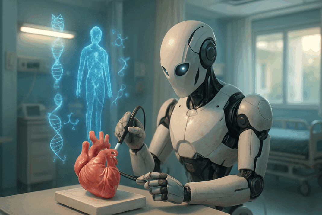 Computer AI robot analyzing holographic medical data in a futuristic laboratory surrounded by advanced equipment and observing scientists.