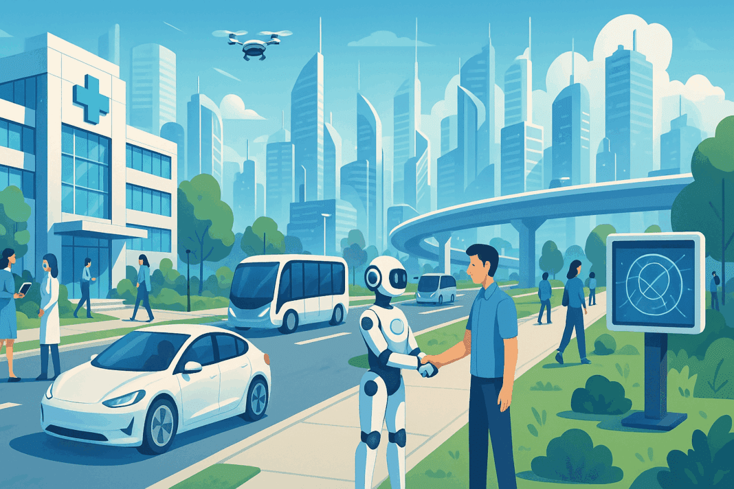 Futuristic cityscape showing why artificial intelligence is good, with smart hospitals, autonomous vehicles, helpful robots, and AI-powered environmental monitoring under a bright sky.