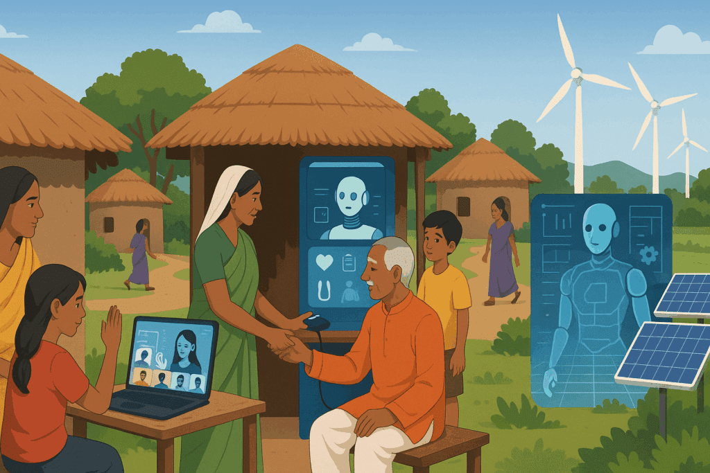 Rural village scene showing virtual classrooms, AI healthcare kiosks, and green energy management, illustrating why artificial intelligence is good.