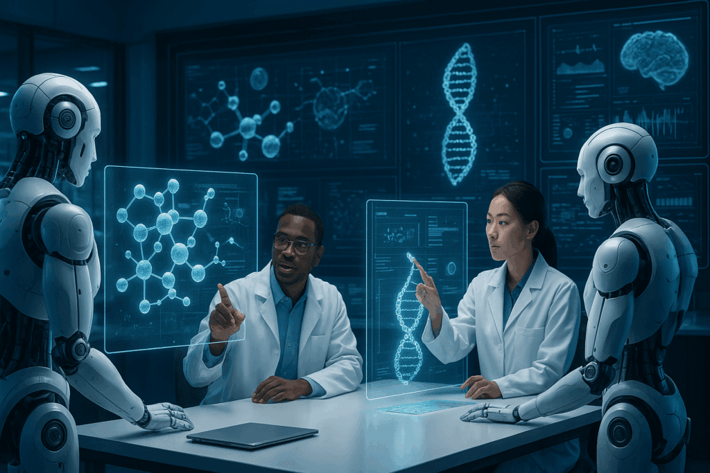 Medical teams coordinating pandemic response in a high-tech command center with transparent screens showing real-time data, illustrating why artificial intelligence is good for global health management.
