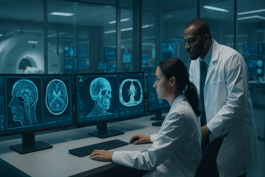 Doctors using advanced AI diagnostic tools to interpret MRI and CT scans in a futuristic hospital, showing why artificial intelligence is good for precision healthcare.