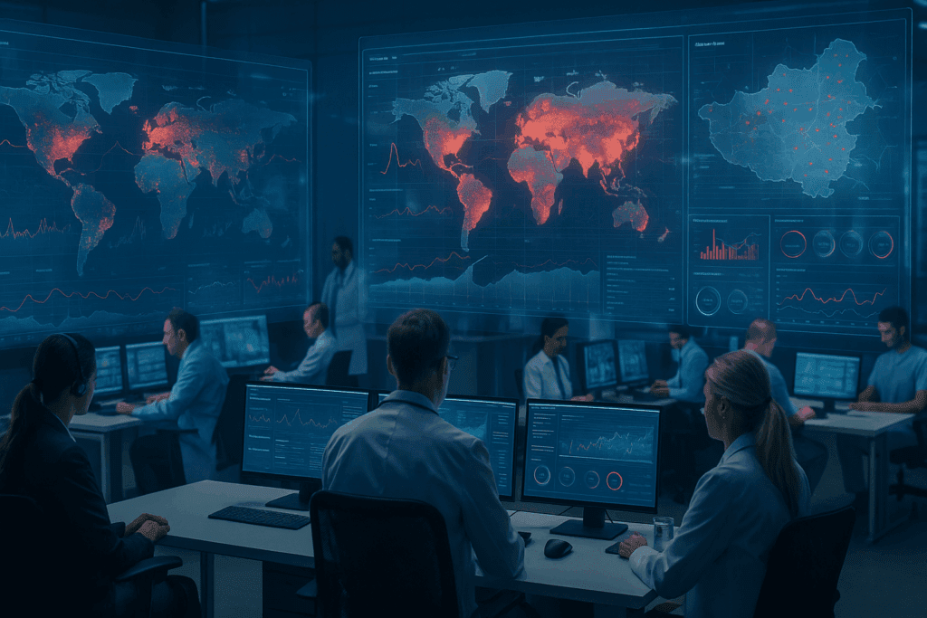 Scientists and AI robots analyzing molecular structures and medical data on holographic displays in a high-tech laboratory, illustrating why artificial intelligence is good for advancing scientific research.