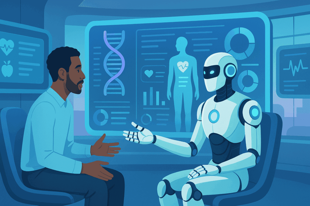 Futuristic clinic scene showing a humanoid AI doctor analyzing a patient's genetic data, illustrating why artificial intelligence is good for personalized healthcare.