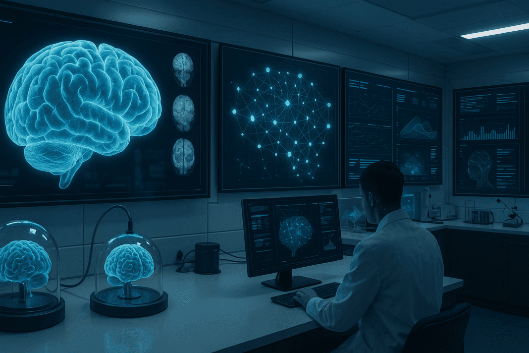 Futuristic lab analyzing brain scans and AI data, illustrating current events in artificial intelligence.