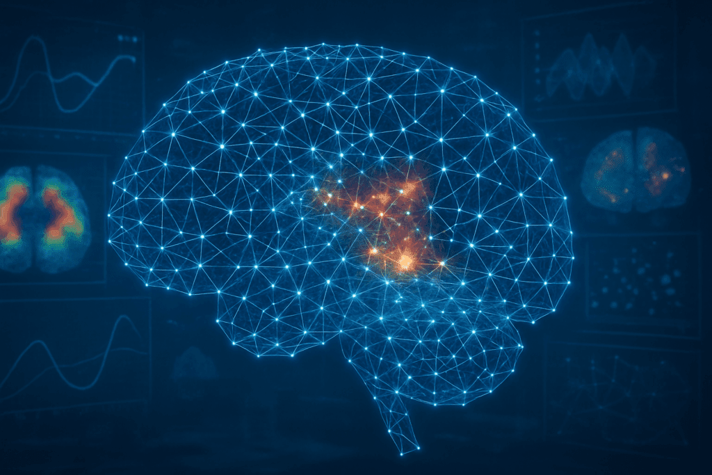 Digital brain made of neural nodes and pathways, overlaid with machine learning data and fMRI scans, symbolizing current events in artificial intelligence