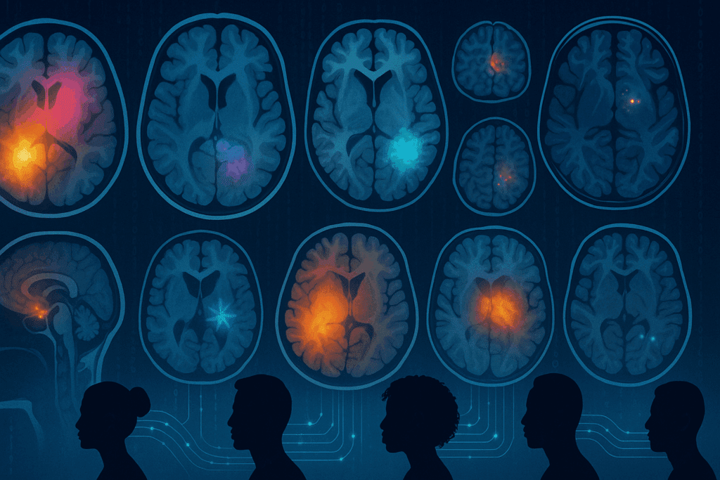 Brain scans with AI-detected anomalies linked to diverse people, visualizing current events in artificial intelligence.