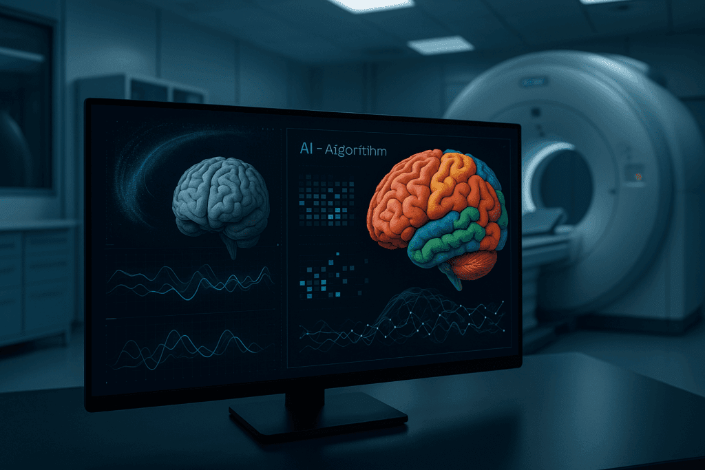 AI interface analyzing a 3D brain scan in real-time, illustrating current events in artificial intelligence within medical imaging technology