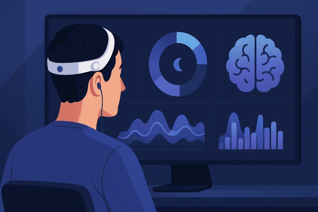 Person wearing a brainwave-sensing EEG headset viewing abstract graphs for stress, sleep, and focus on a screen, illustrating current events in artificial intelligence.