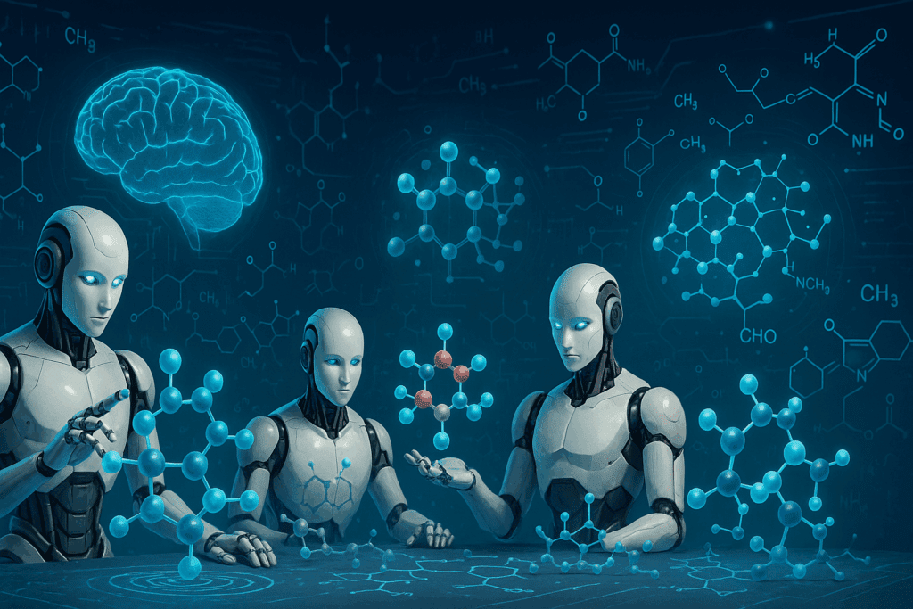 AI robots analyzing molecular compounds and holographic brain data in a futuristic lab, representing current events in artificial intelligence.