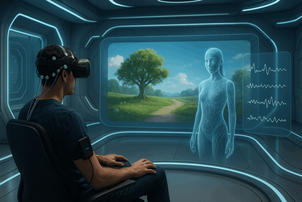 Patient in a futuristic rehab room uses VR headset guided by AI avatar, illustrating current events in artificial intelligence.
