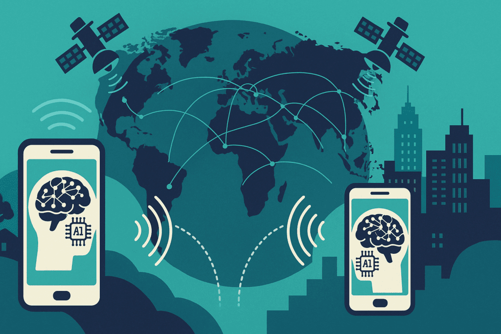 AI-powered mobile neurodiagnostics connecting rural and urban regions with satellite networks, reflecting current events in artificial intelligence.
