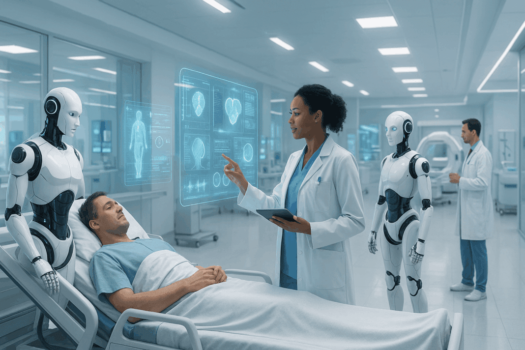 AI-powered robots assisting doctors with holographic patient data in a smart hospital, symbolizing the future of artificial intelligence in healthcare