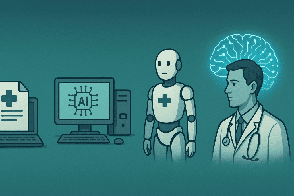 Concept art showing the future of artificial intelligence in healthcare with a visual timeline from digital records to AI-assisted doctors