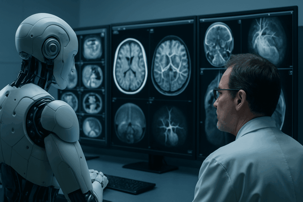 Doctor observing AI analyze brain, heart, and CT scans on multiple monitors—showcasing the future of artificial intelligence in healthcare.