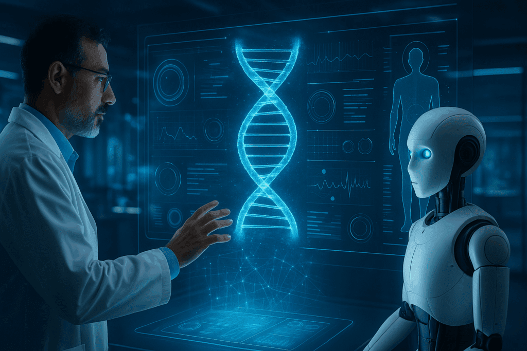Doctor and AI assistant analyzing holographic DNA and health data in a futuristic lab, illustrating the future of artificial intelligence in healthcare.