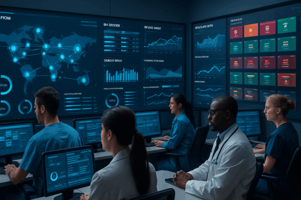 Medical staff monitoring real-time patient data and emergency room analytics on advanced AI dashboards, illustrating the future of artificial intelligence in healthcare.