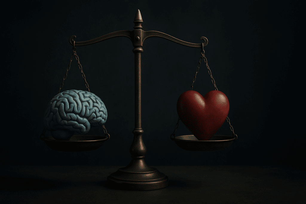 Balanced brass scales with a brain and a heart symbolize the future of artificial intelligence in healthcare ethics.