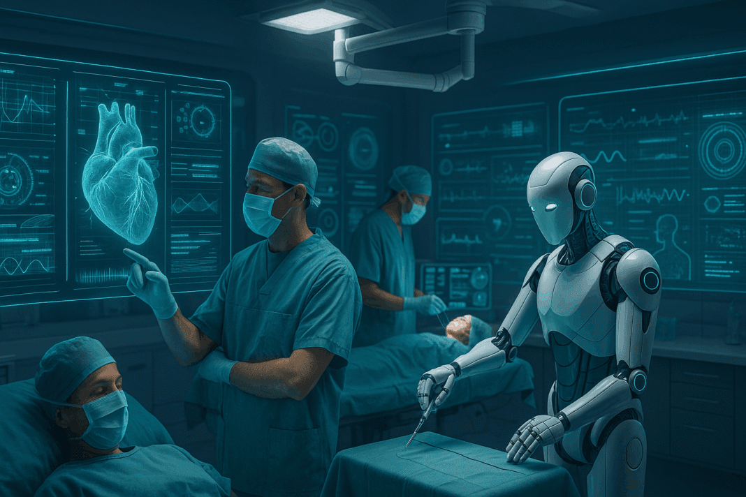 Futuristic AI research lab showing scientists analyzing holographic data across decentralized sources, symbolizing the growth of AI in healthcare.