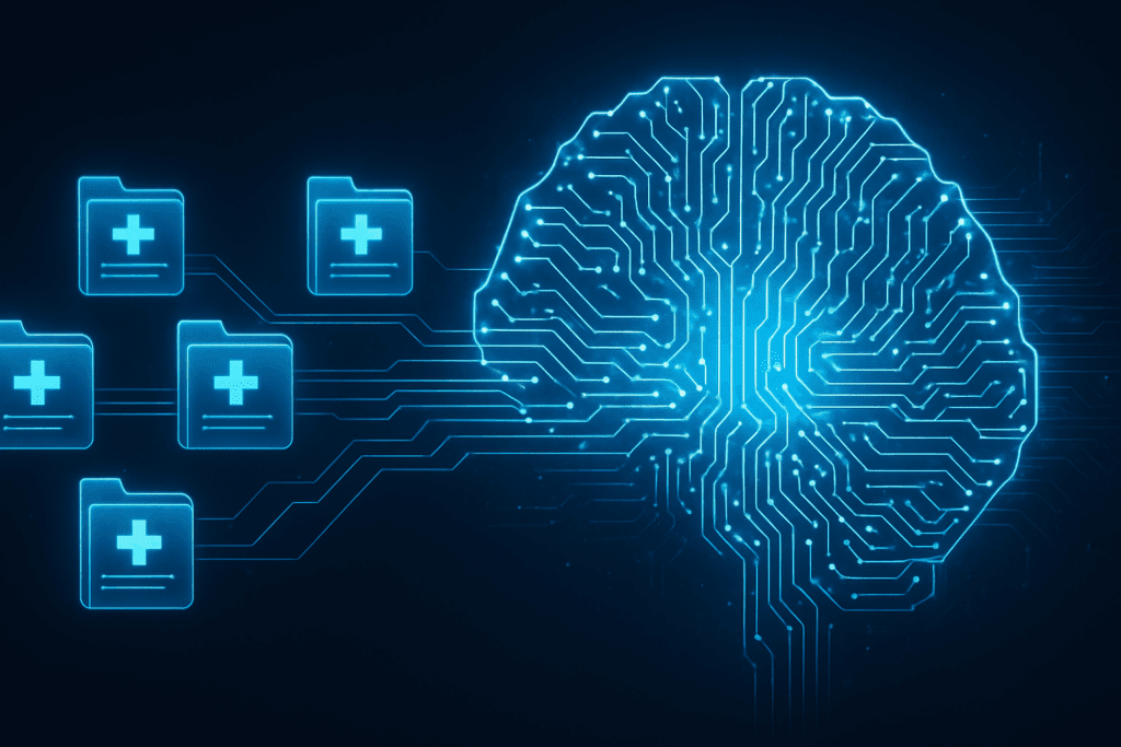 Computer Brain showing AI analyzing holographic data across decentralized sources, symbolizing the growth of AI in healthcare