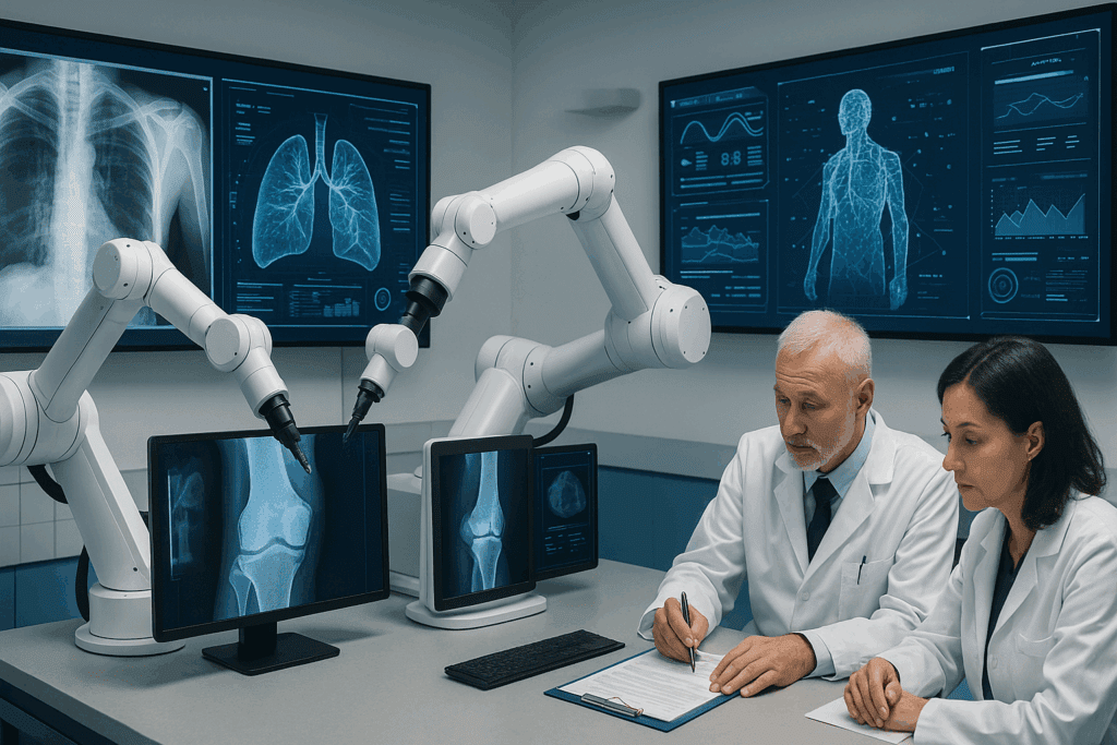Patient in a futuristic clinic using wearable technology monitored by AI dashboards, illustrating the growth of AI in healthcare.
