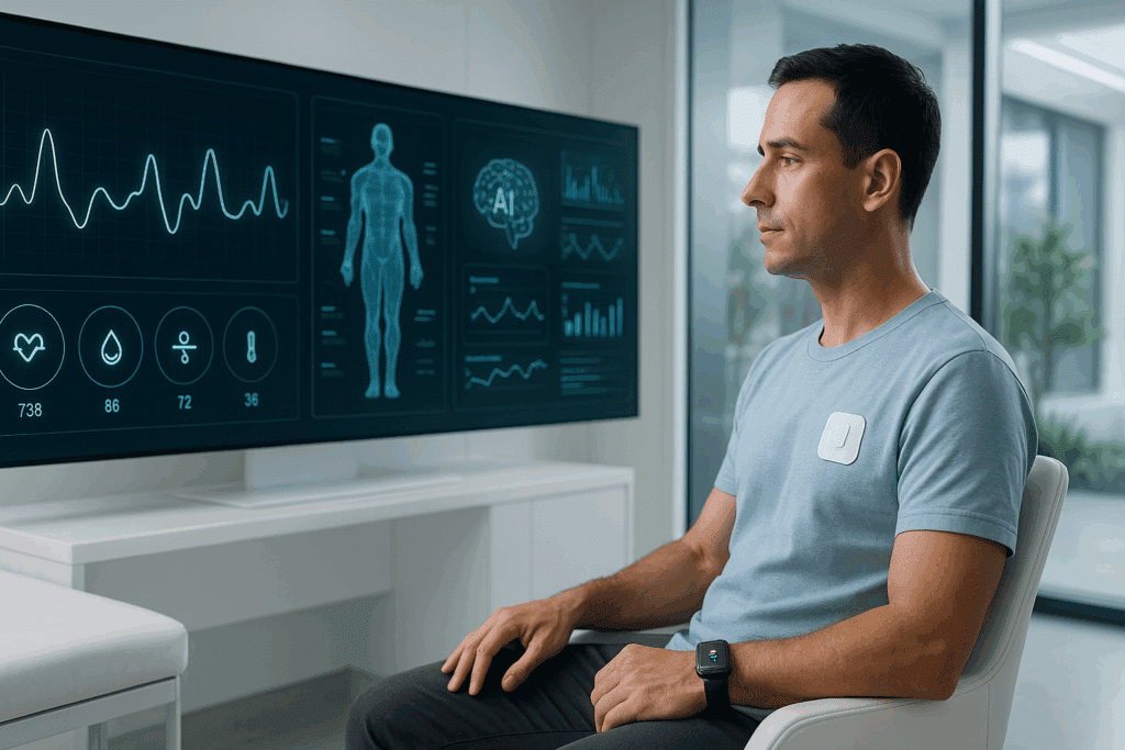 Robotic arms and doctors collaboratively analyzing X-rays and AI-generated predictive models in a diagnostic room, illustrating the growth of AI in healthcare.