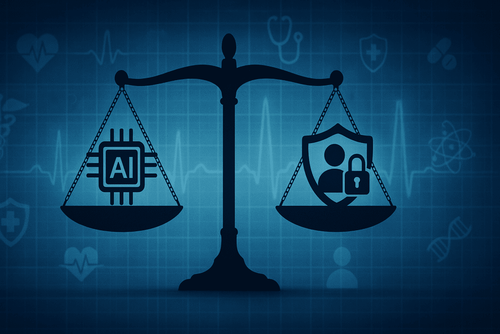 Balance scale depicting the growth of AI in healthcare, weighing artificial intelligence algorithms against human rights and privacy protections in a digital medical setting.