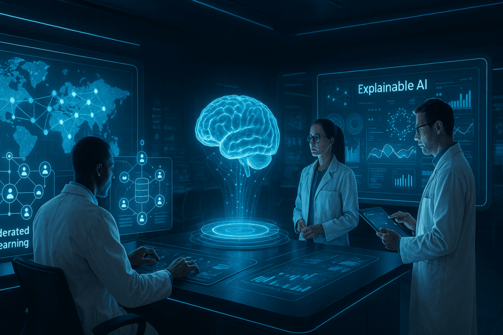Surgeons consulting holographic screens with robotic assistants aiding patients in a futuristic hospital, highlighting the growth of AI in healthcare