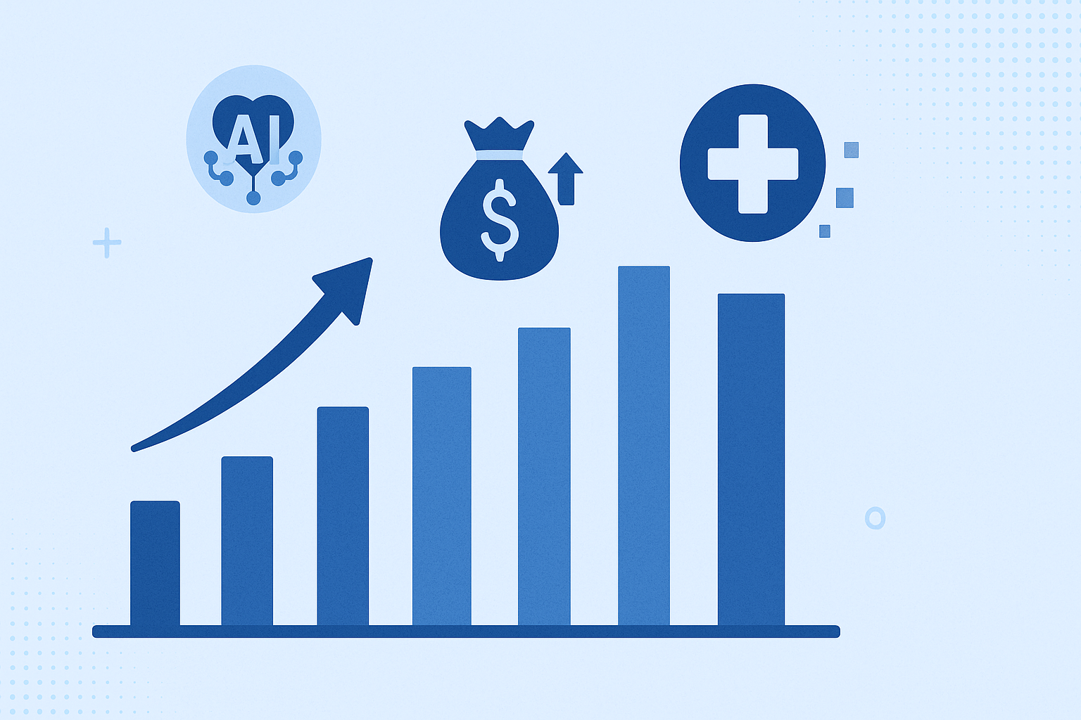 Infographic showing the growth of AI in healthcare with ascending bars, upward arrow, and icons representing technology, investment, and medical milestones.