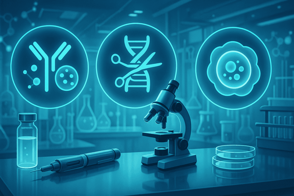 Futuristic lab showing the pathophysiology of type 2 diabetes through glowing icons of GLP-1 therapy, gene editing, and stem cell treatments.