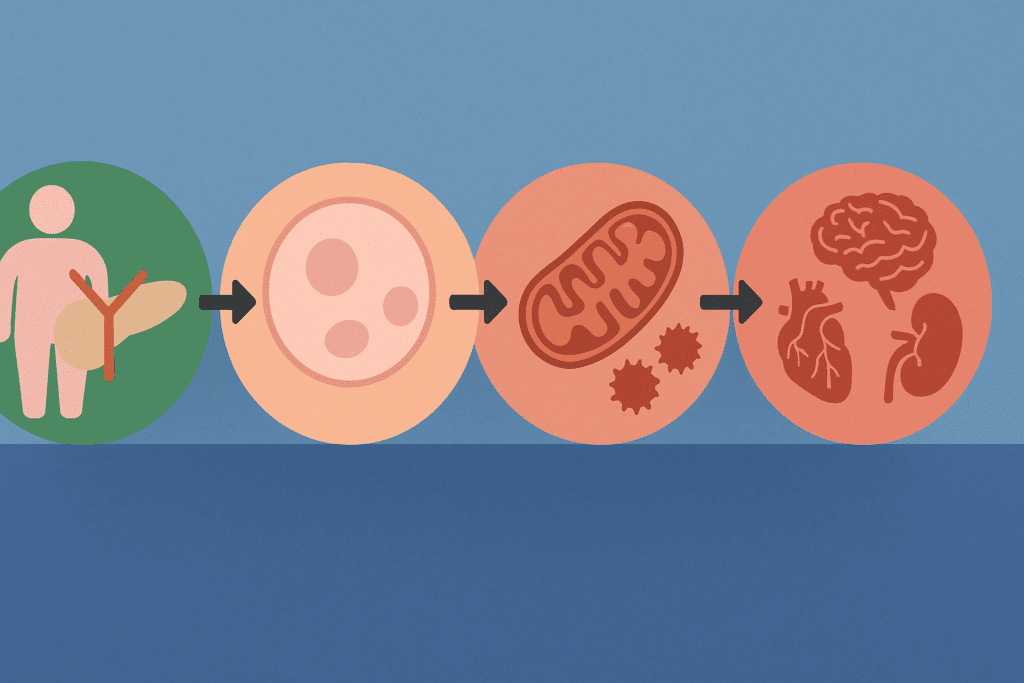 Infographic diagram illustrating the pathophysiology of type 2 diabetes with visual stages from insulin resistance to systemic complications