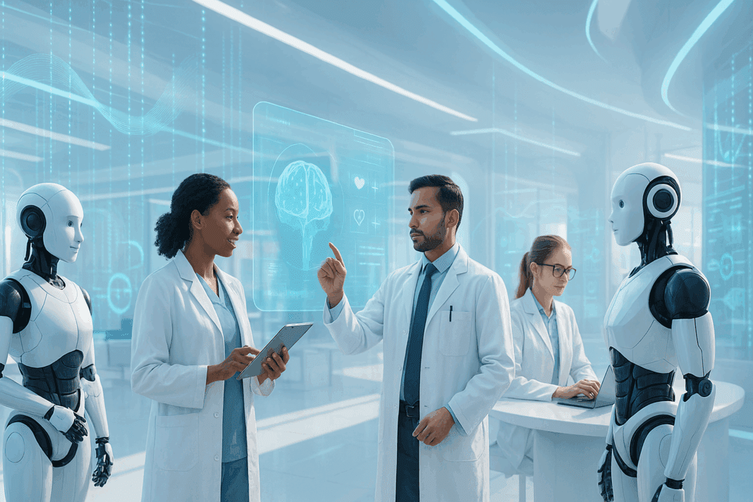 Doctors collaborating with humanoid robots and digital data displays in a futuristic medical facility, symbolizing the rise of AI.